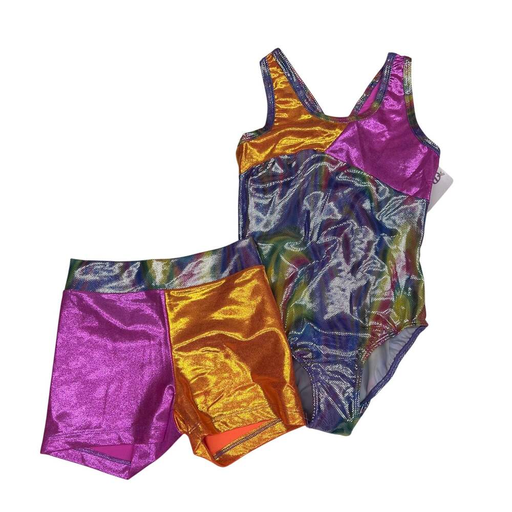 NWT Reflectionz Size 12 Metallic Color Block Leotard Set